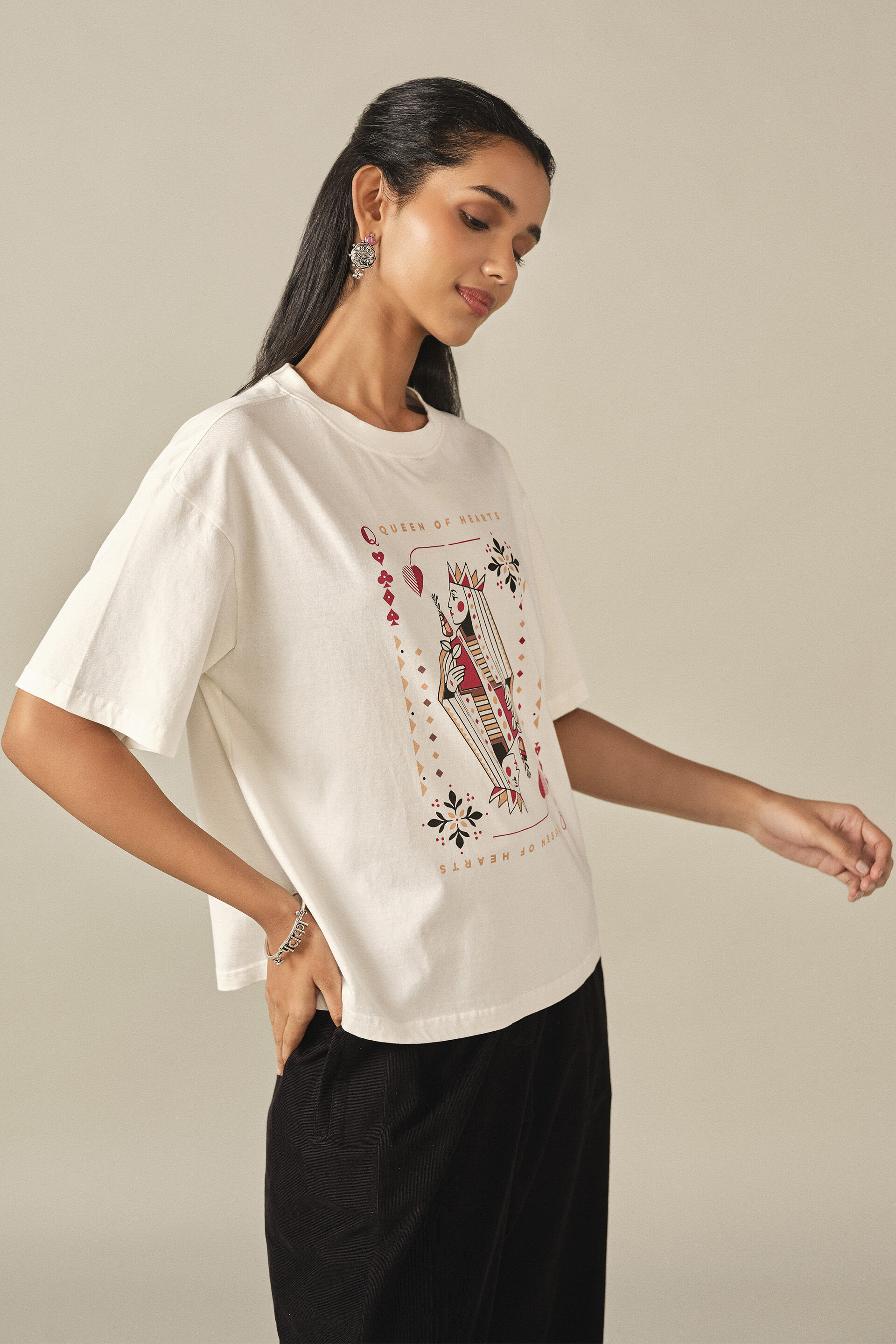 Printed Cotton T-shirt in Off White, Off White, image 3